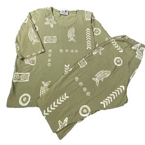 Vintage Copa Cabana 2 Piece Set Women Large Green Beach Print USA Outfit Coastal